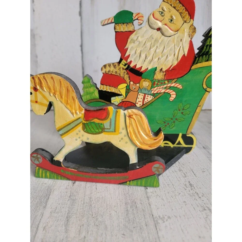 Vintage Santa Claus sleigh card napkin holder horse‎ Xmas figure